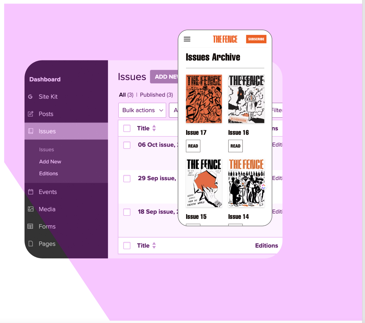 Image shows a screenshot taken from Standfirst Publish, depicting the sidebar and Magazine issues from The Fence magazine