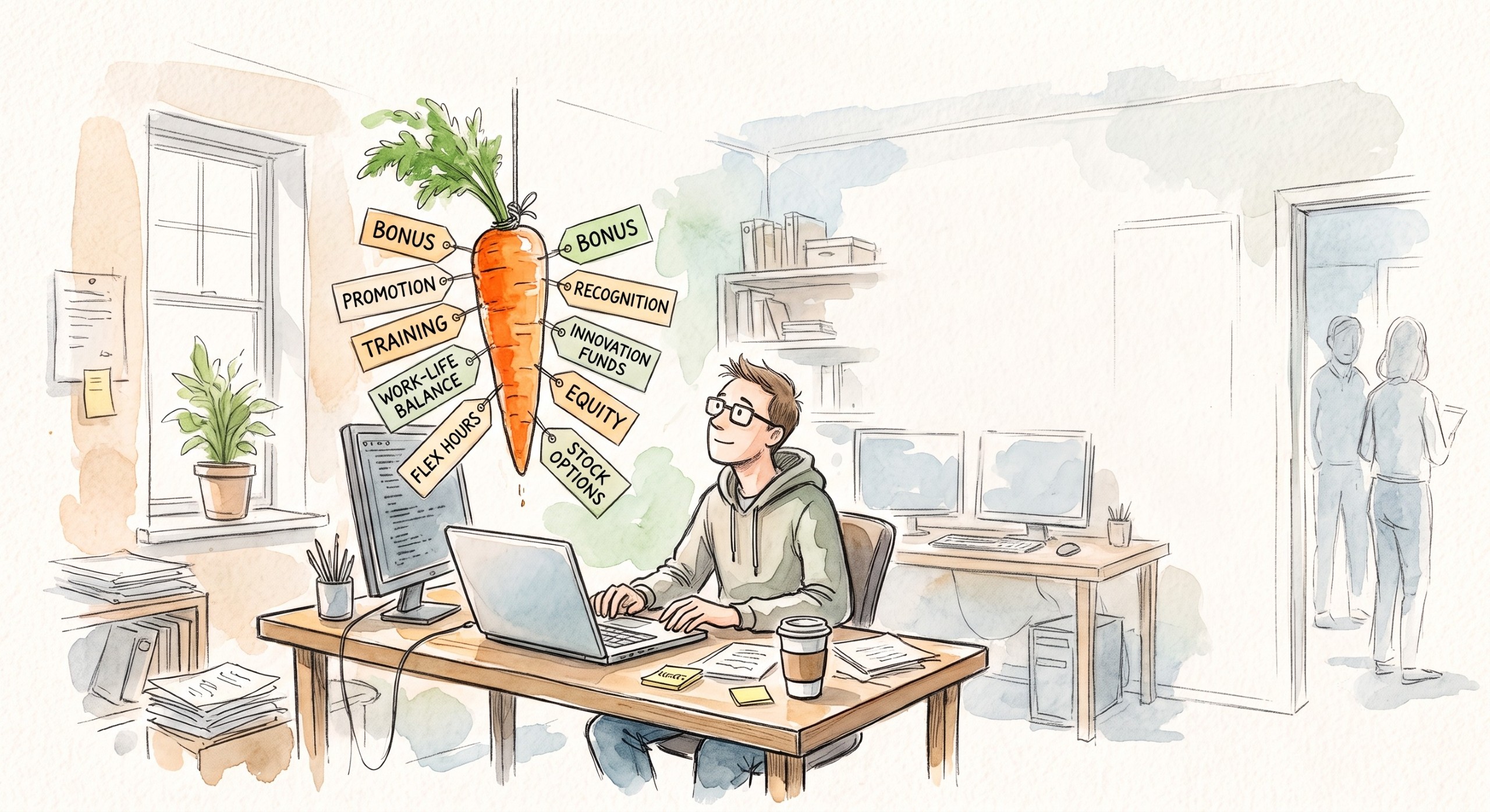 An image in watercolour style of a developer at a desk in an office with a carrot tagged with incentives above him.